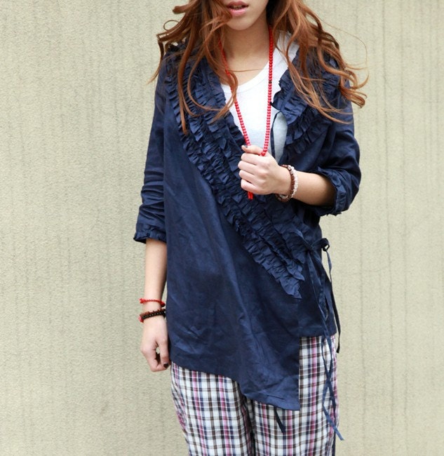 Asymmetrical Linen Ruffled Long Blouse / Any Size/ 14 Colors/