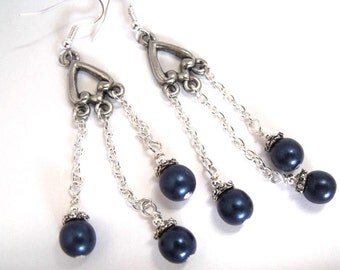 Blue glass dangle earrings, dark blue beaded jewelry, blue glass earrings