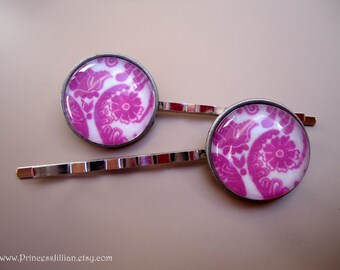 Cabochon hair slides - Pink art nouveau scroll pattern chic modern fun girl cute embellish unique decorative hair accessories TREASURY ITEM