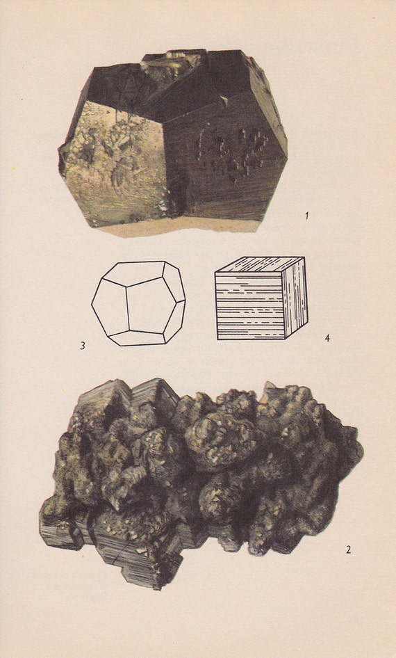 Vintage Print Rocks and Minerals, Pyrite