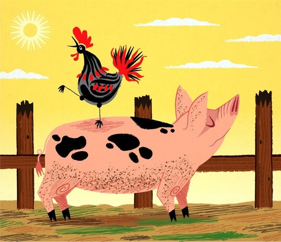 iOTA iLLUSTRATION - The Pig and The Rooster - Animal Art - Children's Art - Children's decor - Nursery Decor - Limited Edition Print