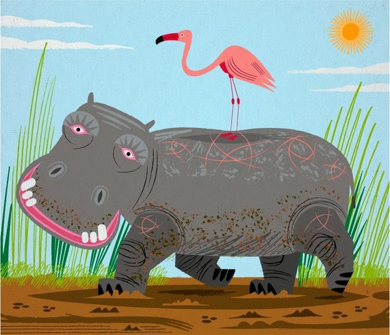 The Hippo and The Flamingo - Children's Animal Art - Nursery Decor - Ltd Edition - Art Poster Print - iOTA iLLUSTRATION