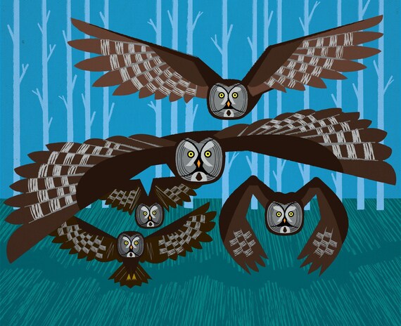 iOTA iLLUSTRATION - Five Owls In Flight - Limited Edition Animal Art Print