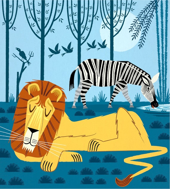 Whilst The Lion Sleeps - childrens - nursery room decor - Limited Edition - Animal Poster Art Print - iOTA iLLUSTRATION