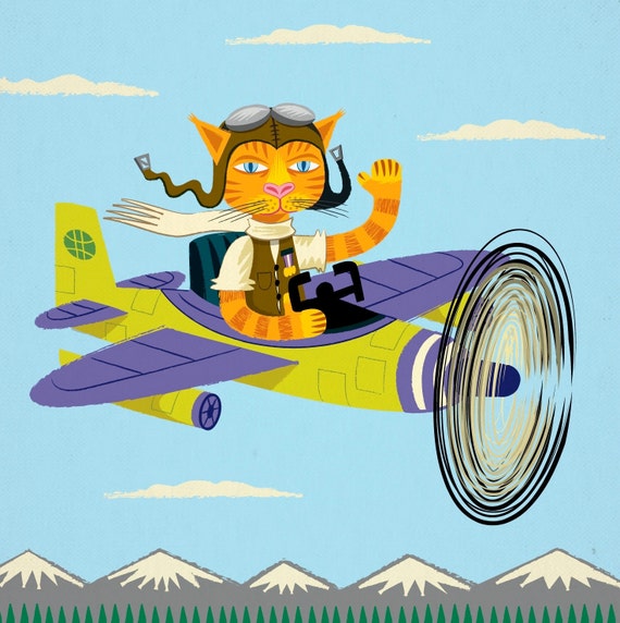 iOTA iLLUSTRATION - Tibbles Learns To Fly - Cat / Plane - Light Blue - Animal Art Poster - by Oliver Lake - iOTA iLLUSTRATiON