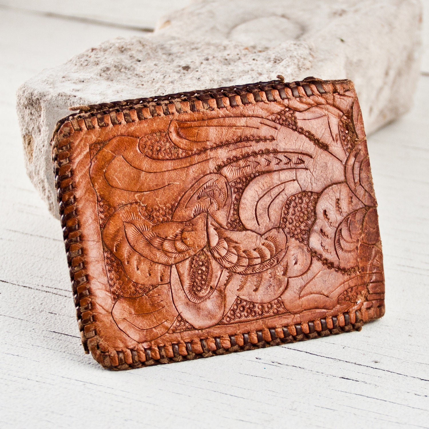 Holiday Sale Tooled Leather Wallet Old Worn Distressed
