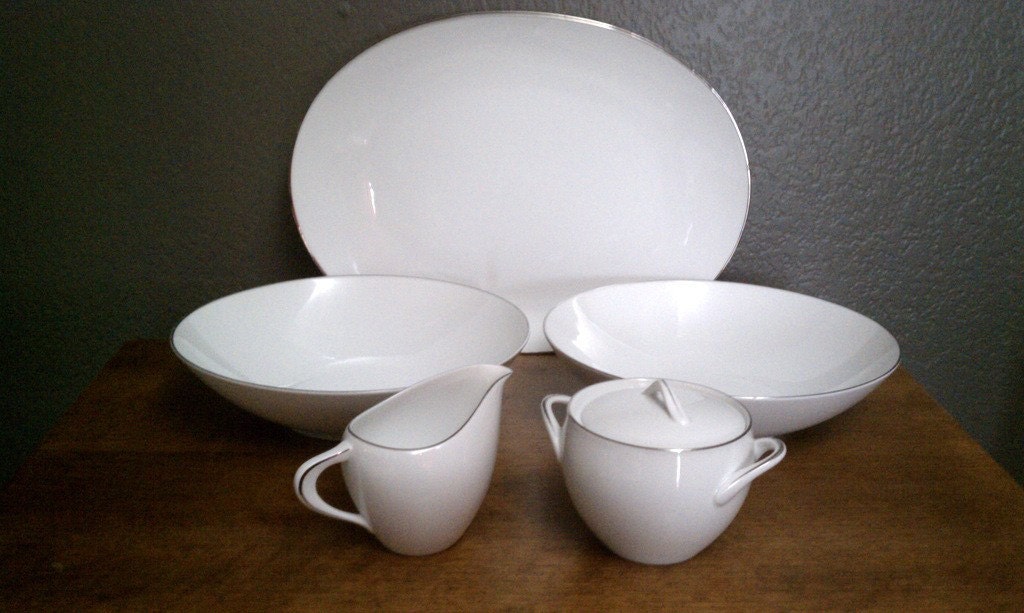 Vintage 1950s Sango Fine China Silver Snow Serving Set Six