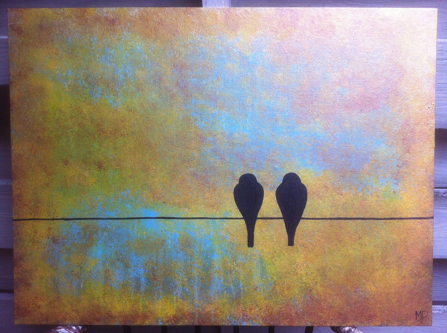 Painting-Birds on wire 18 x 24 acrylic on canvas panel by