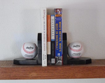 Bookends with a baseball or hockey theme. Multiple colors are available.