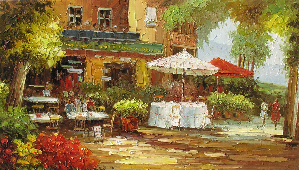 Original Oil Painting French Village Landscape Cafe Umbrella