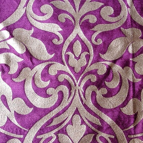 Damask Purple Velvet Fabric With Pearl Silver Printing
