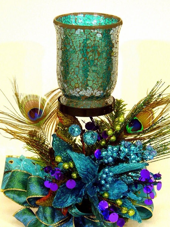 Peacock Passion Floral Flower Arrangement Centerpiece w Mosiac