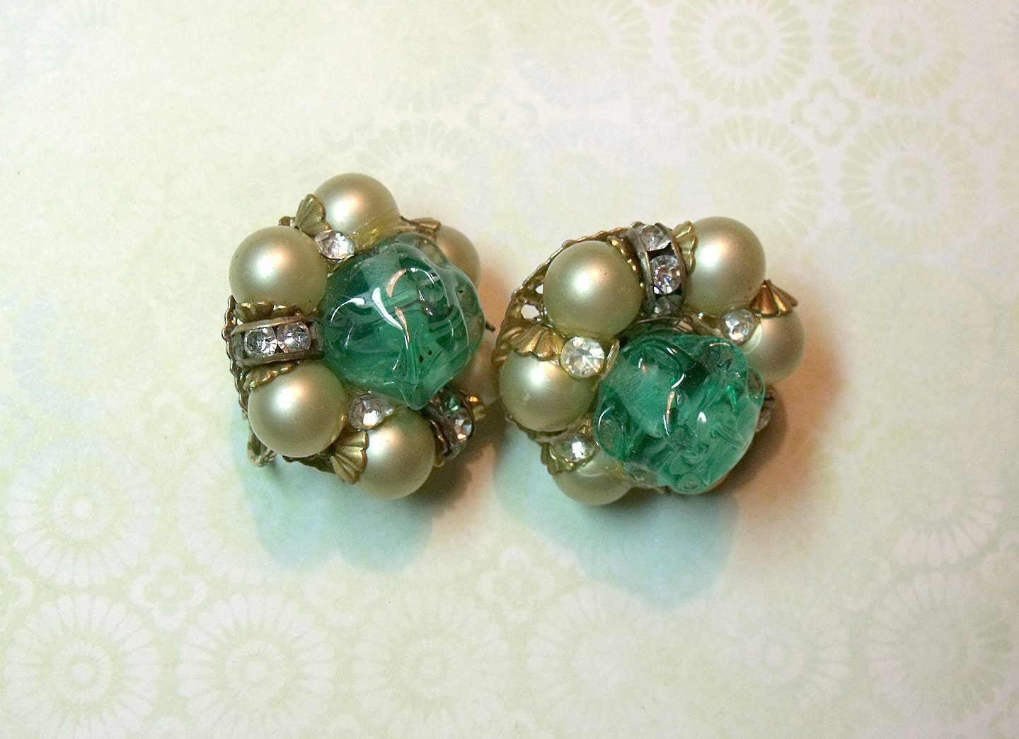 Vintage Clip On Earrings Button Style Rhinestones Golden