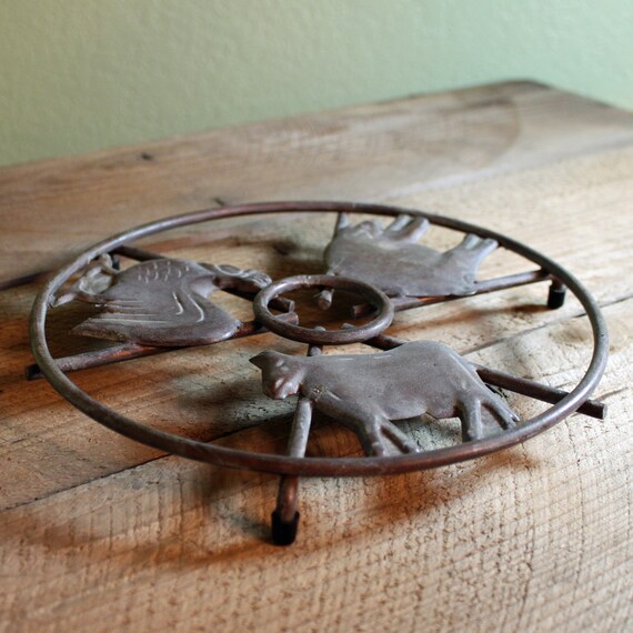 Copper Metal Farm Animal Trivet with Cow Pig and Rooster