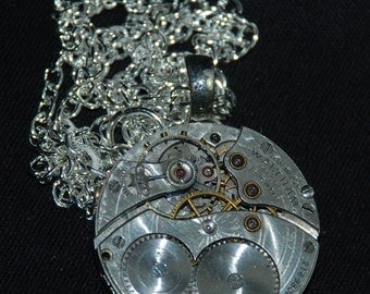Steampunk Guilloche Engraved Waltham Watch Movement Necklace Pendant N75