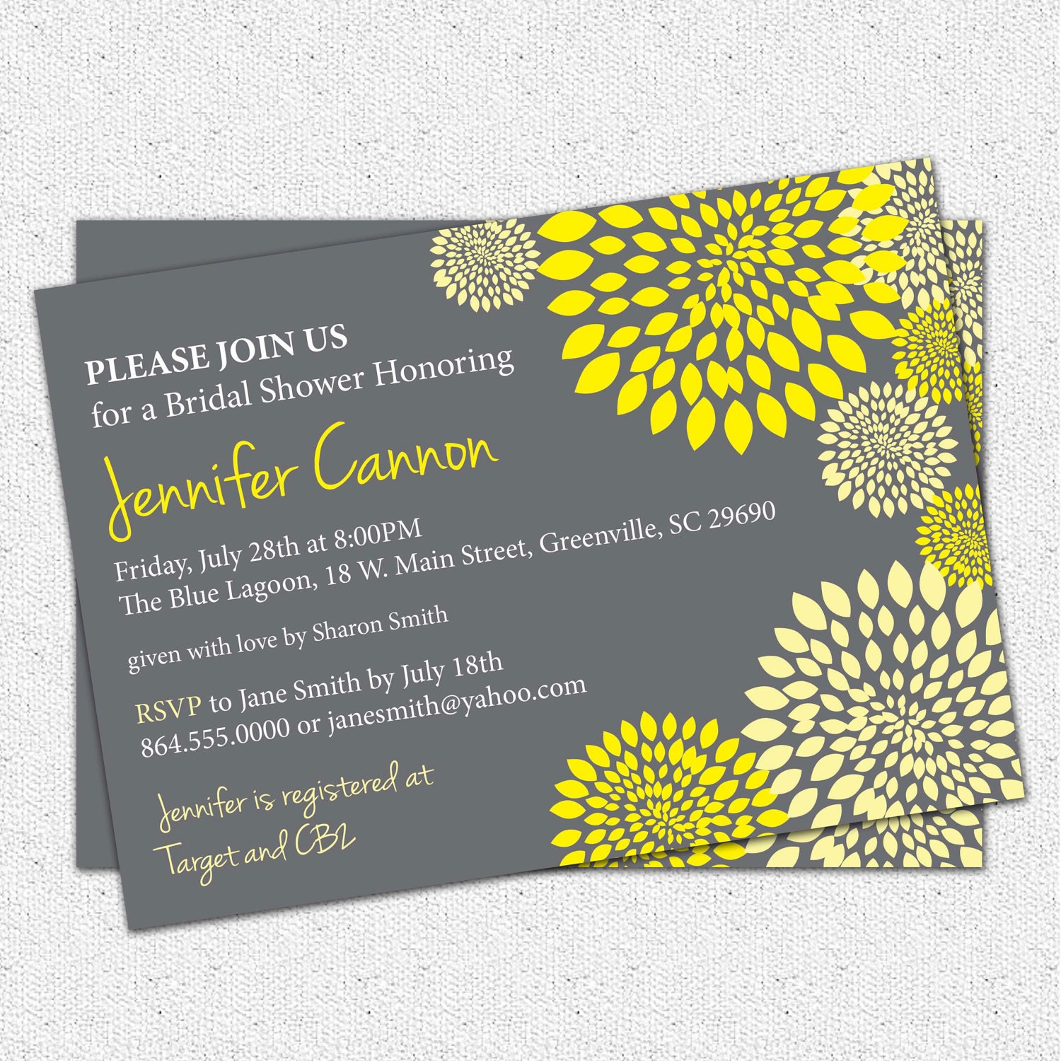 Bridal shower invitations yellow and gray