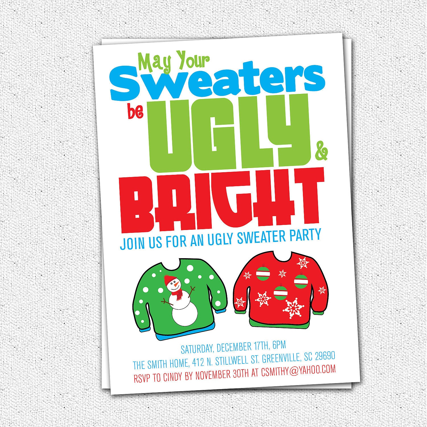 Ugly Sweater Party Invitation Tacky Holiday Christmas