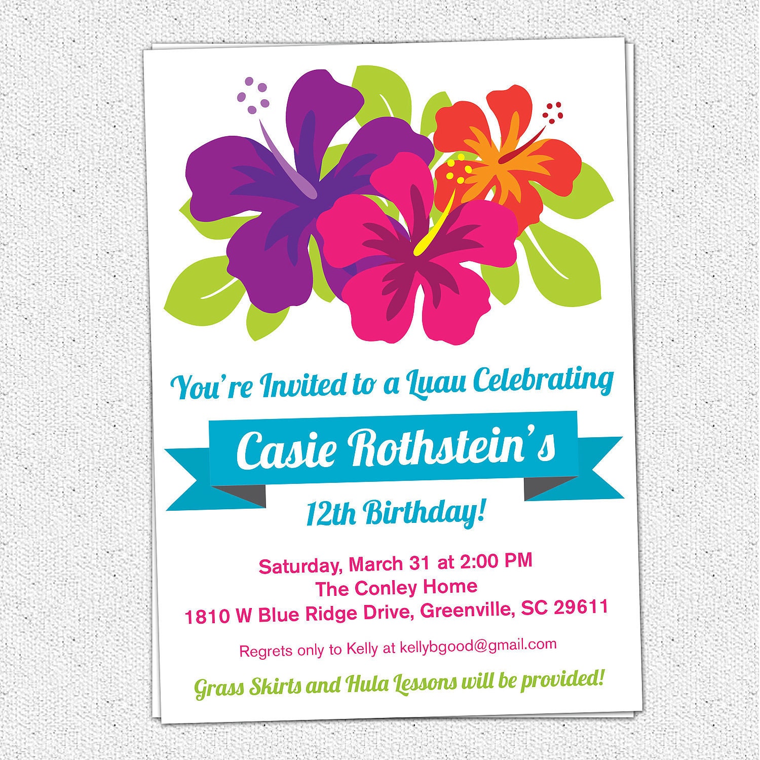 Printable Luau Birthday Invitation Summer Party Hibiscus