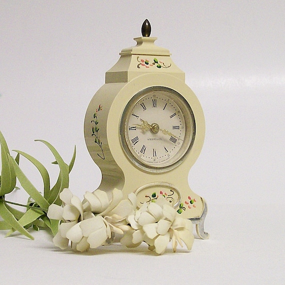 Vintage Westclox Windup Table Clock Cream with Flowers