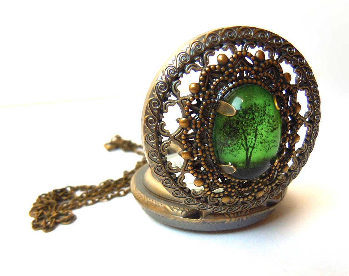 Emerald Bewitched  -- Wearable Art Pocket watch necklace-Valentine's  Gift