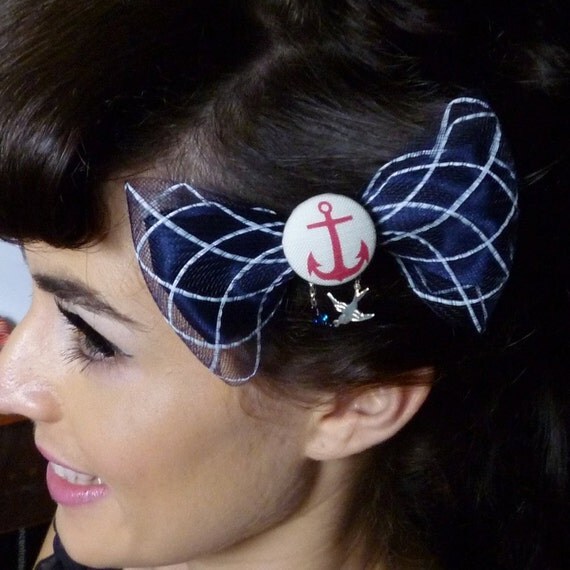 Rockabilly Hair Accessories. Pin Up Anchor Bow Hair Clip.
