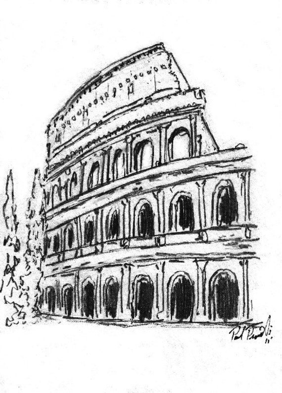 Original Colosseum Rome Italy Abstract Pencil Sketch 5x7