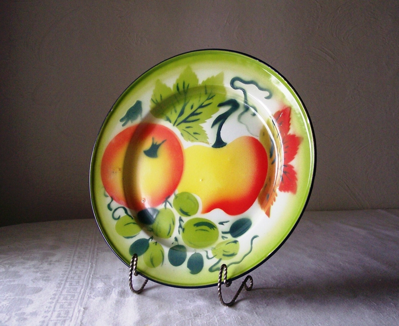 vintage enamelware plate with fruit design