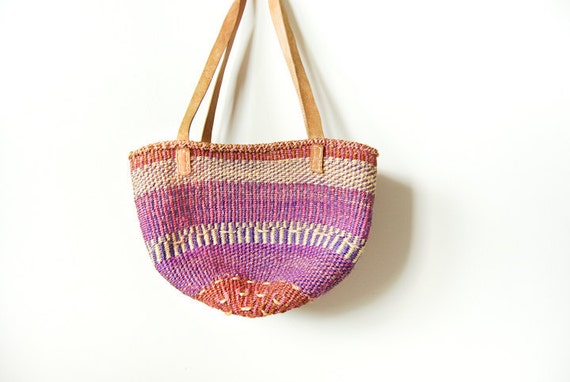 Vintage Woven Jute Market Tote Bag with Leather by AmprisLoves