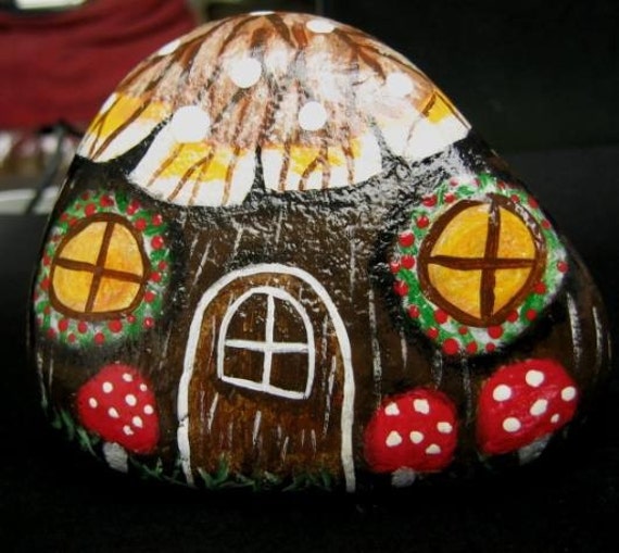 Painted Gnome Mushroom House Ooak Rock Art By Purpleshammrockshop