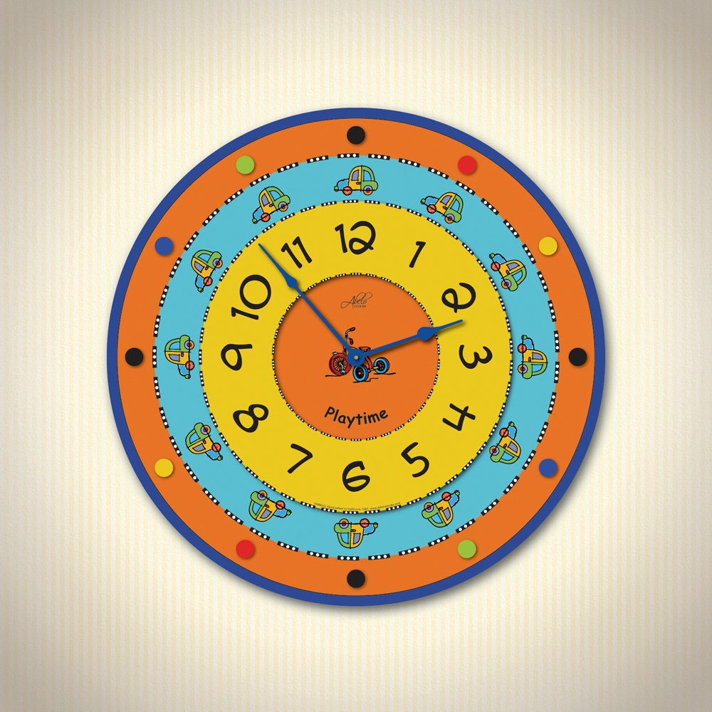 SAMMY 14in Kids Clocks in Blue Yellow Orange. Children