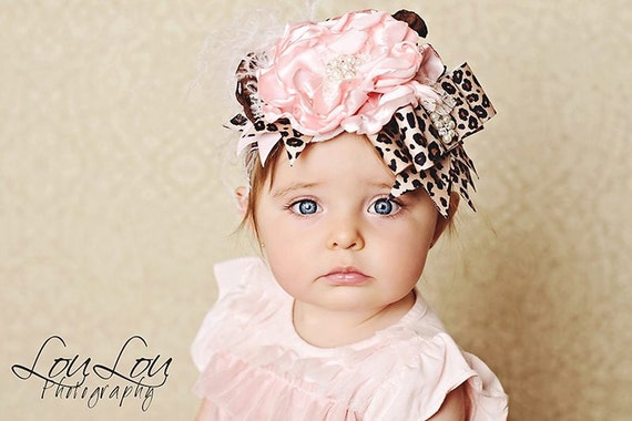 Items similar to Wild about you pink and cheetah print flower headband ...