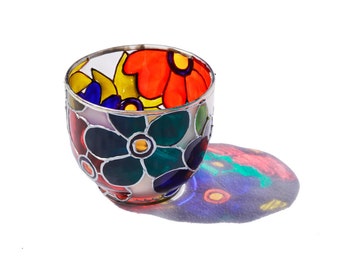 Glass Candle holder hand painted glass candle holder colorful home decor tea light candle abstract art floral design- Decorative Glass Art