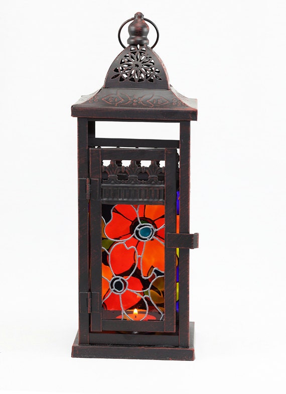 Hanging Candle Lantern Hand Painted Glass & Metal Fall