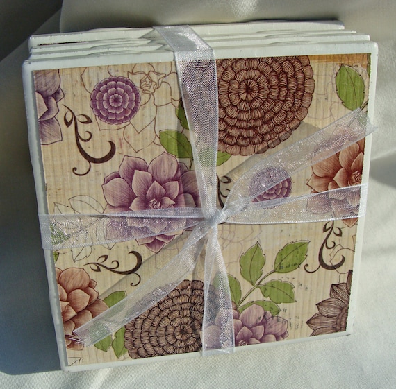 Purple and Brown Floral Handmade Tile Coasters, Set of 4, Nature, Flower, Green, Red, Rose