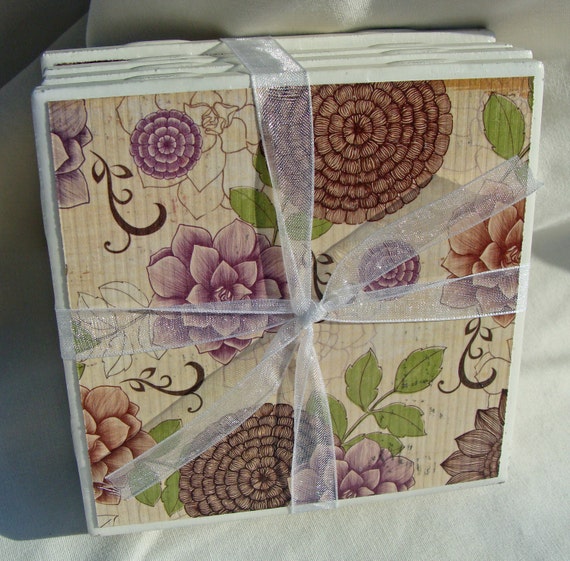 Purple and Brown Floral Handmade Tile Coasters, Set of 4, Nature, Flower, Green, Red, Rose