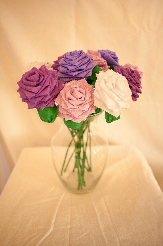 Paper Flowers Bouquet Dozen 12 Longstem Mixed Purple and