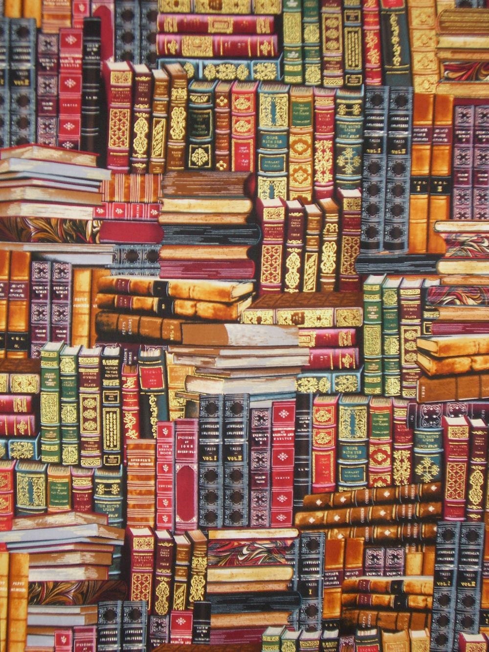 Library Books Print in Reds and Gold Pure Cotton FabricBy