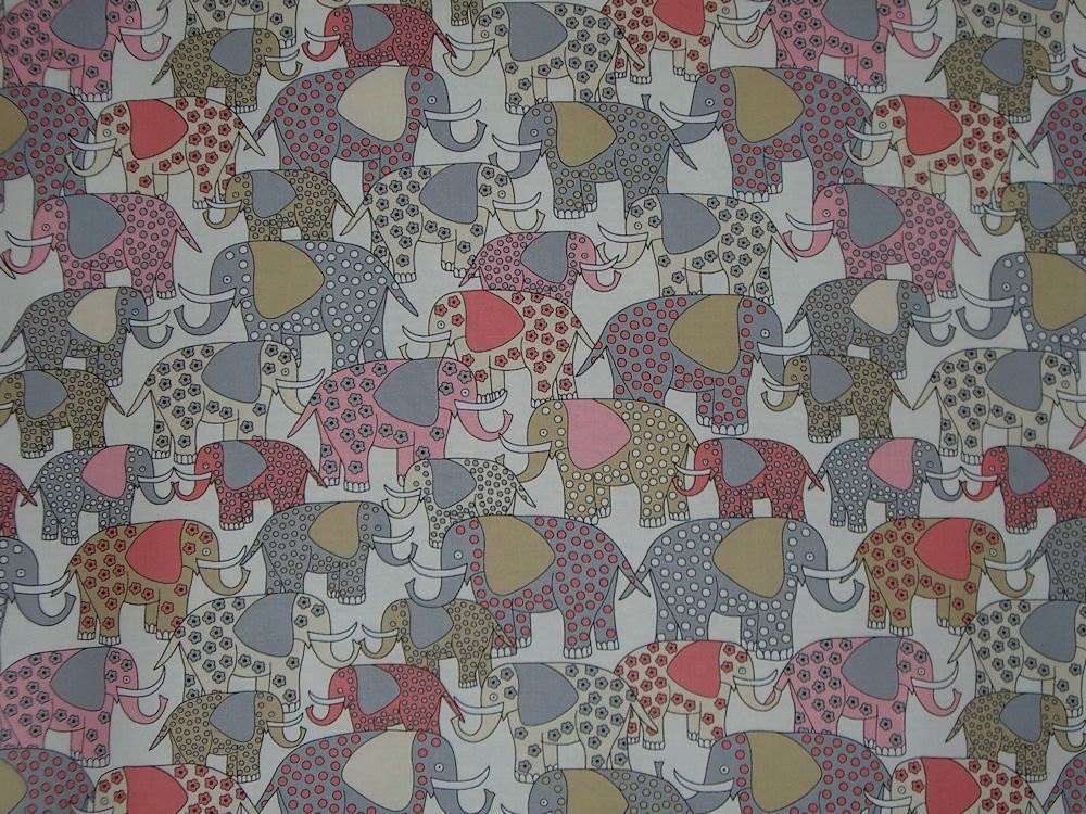 Elephant Print Pure Cotton Fabric in Gray and PinkOne Yard