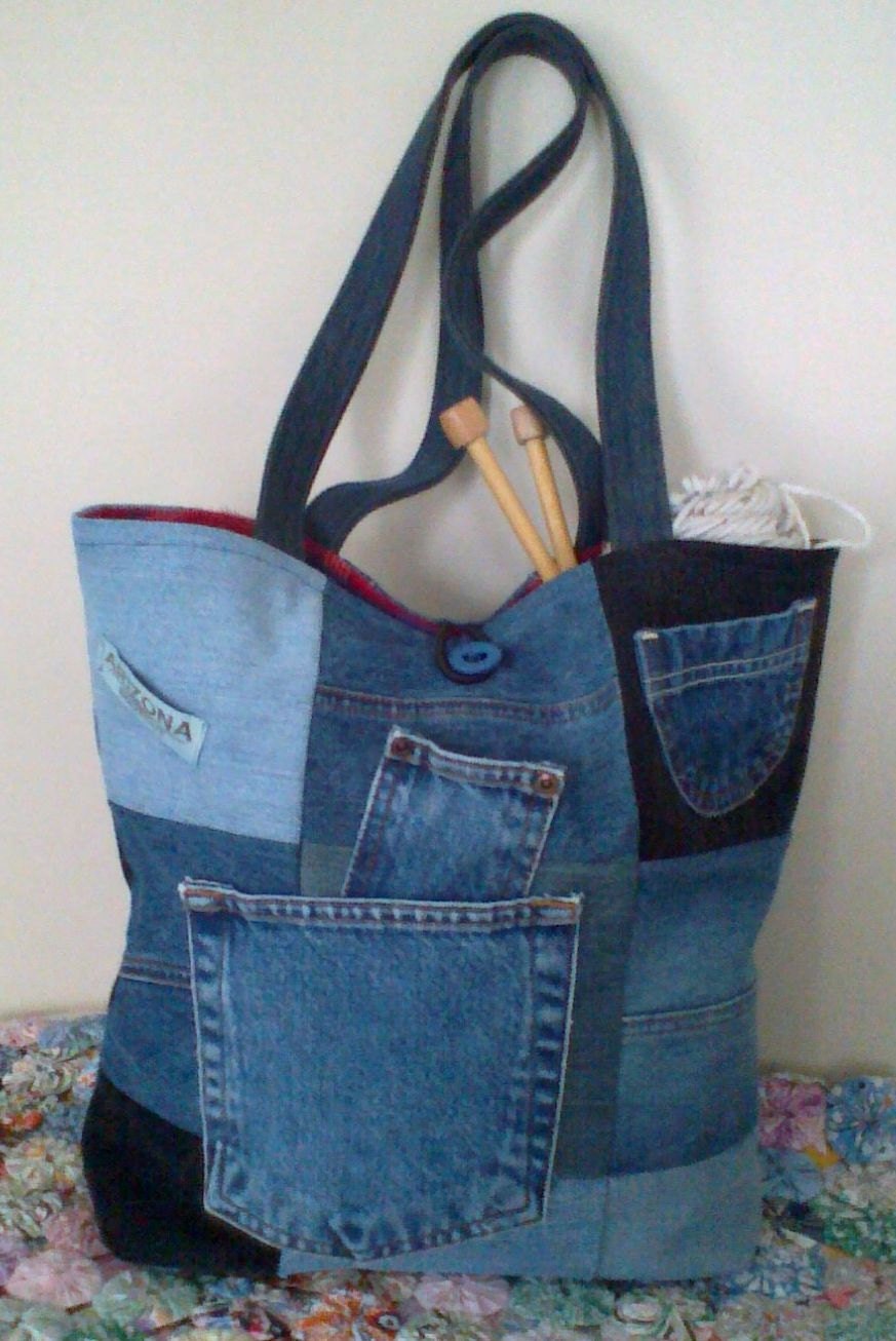 Recycled Denim Tote Bag Large 5 pockets grocery tote