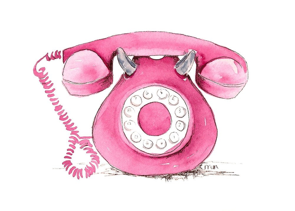 pencil and colored for watercolor paper watercolor Telephone Pink piinkdesignstudio Vintage by original
