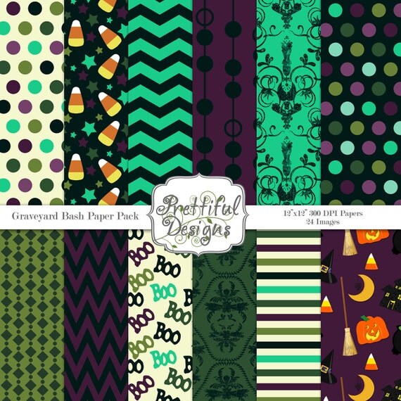 40% Off SALE Halloween Digital Paper Pack  for Scrapbooking, Invitations, Card Making, Commercial Use  - Graveyard Bash (357)