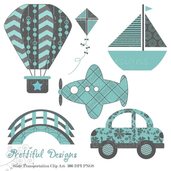 50% OFF SALE Transportation Clip Art - Car, Hot Air Balloon, Airplane, Boat, Kite, Bridge - Slate (331) Il_570xn