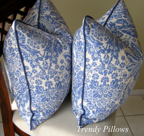 Blue and White Floral Linen Pillow Cover