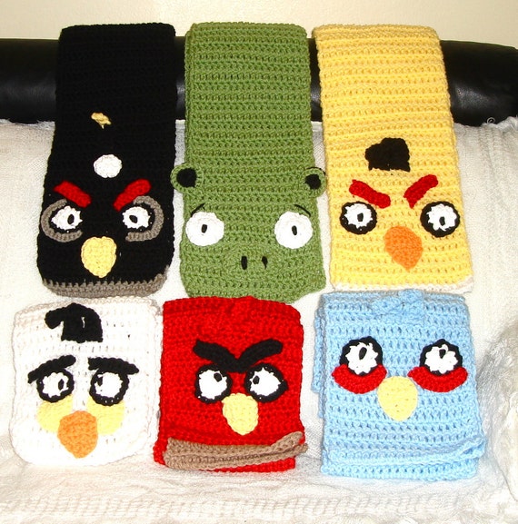 Crochet Animals Scarf Green Pig Red Bird by BrendaLizBoutique