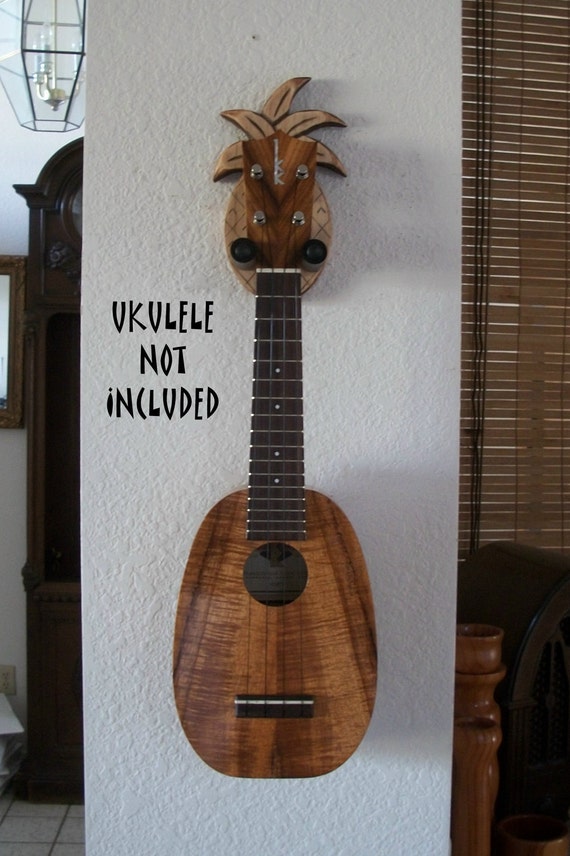Unique ukulele wall mount hanger hand carved pineapple brown