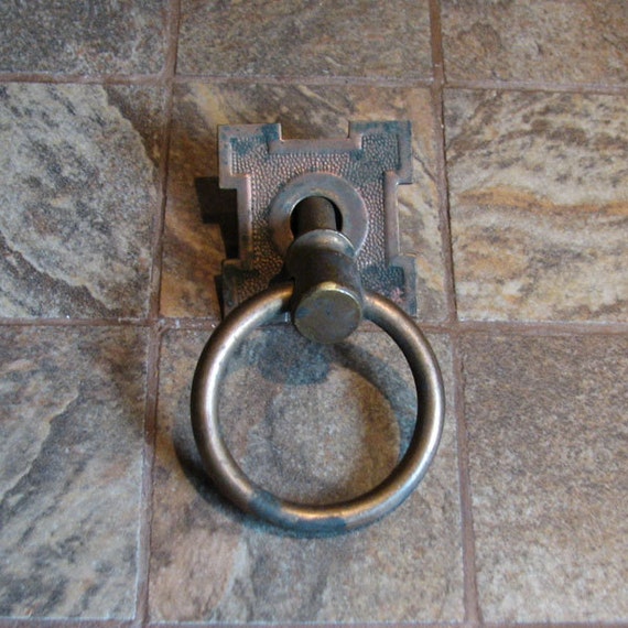 Vintage Drawer Pull Square Brass Ring Copper Back Plate