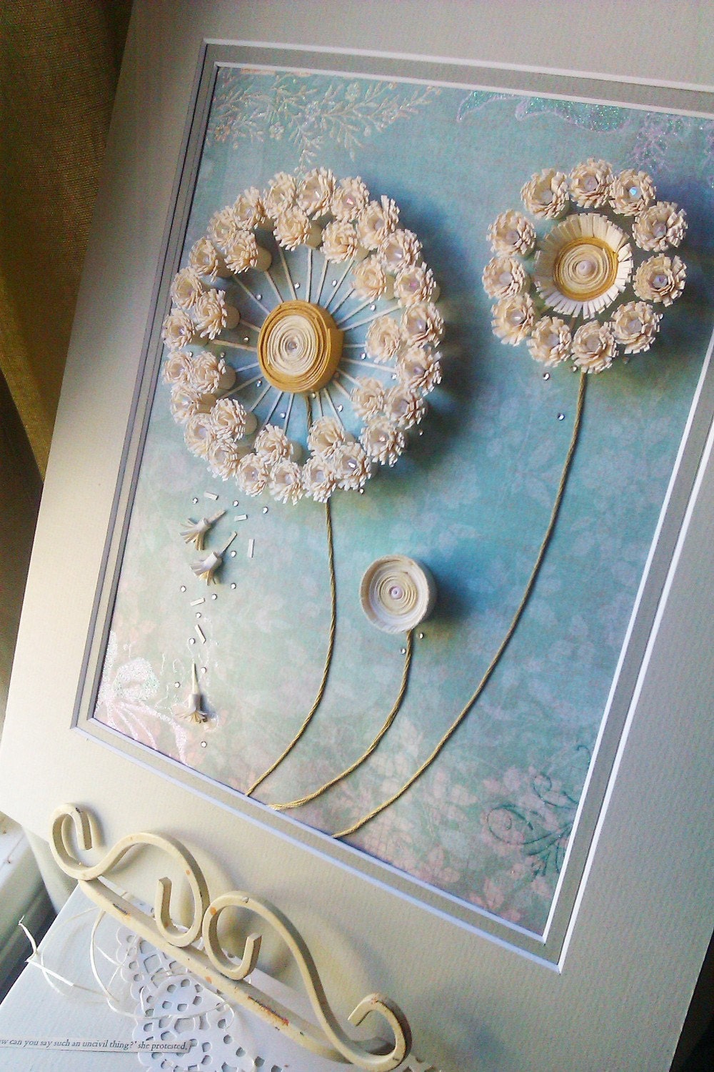 dandelion paper quilling artwork with matting frame and