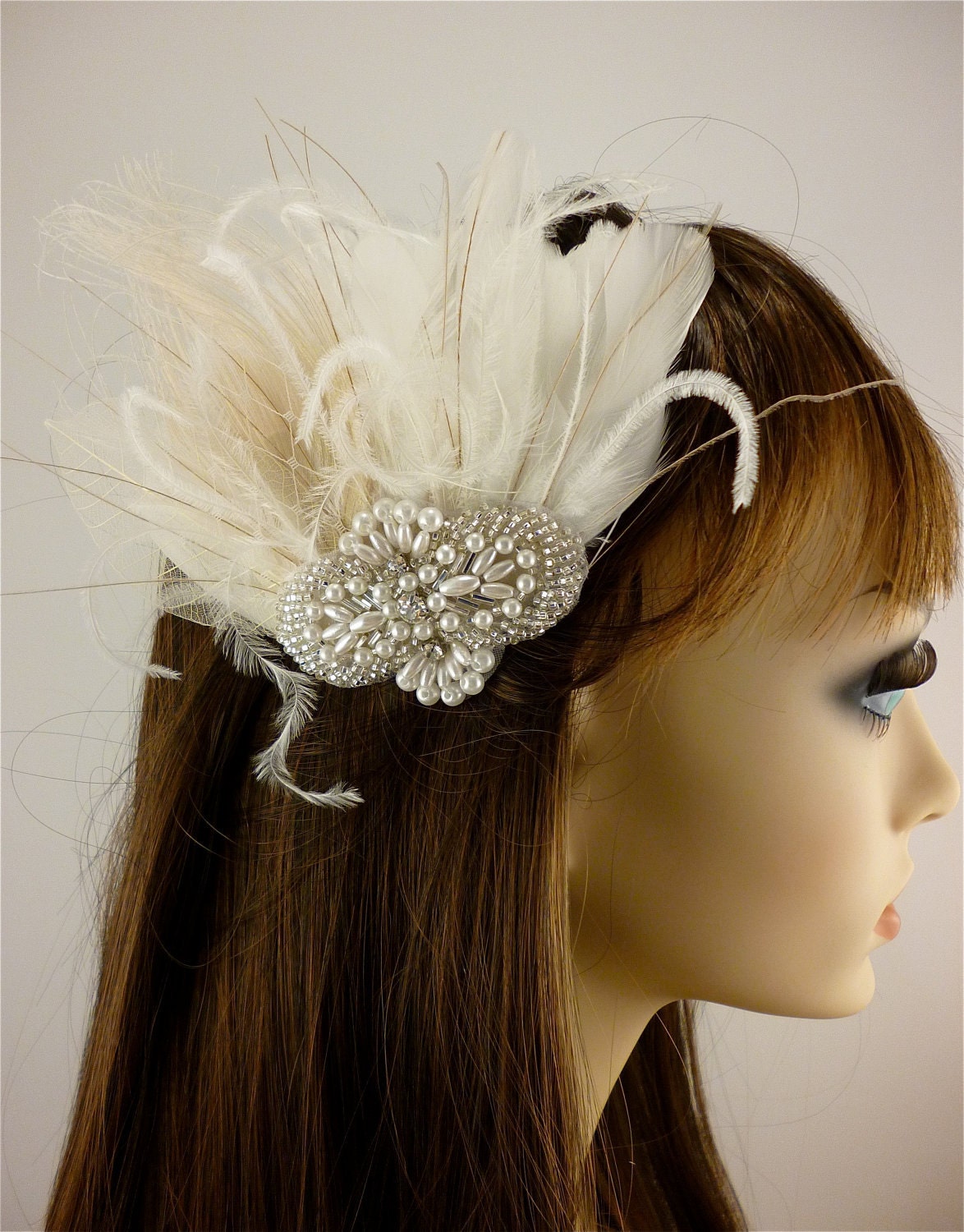 Rhinestone Pearl Silver Beaded Bridal Ivory Feather