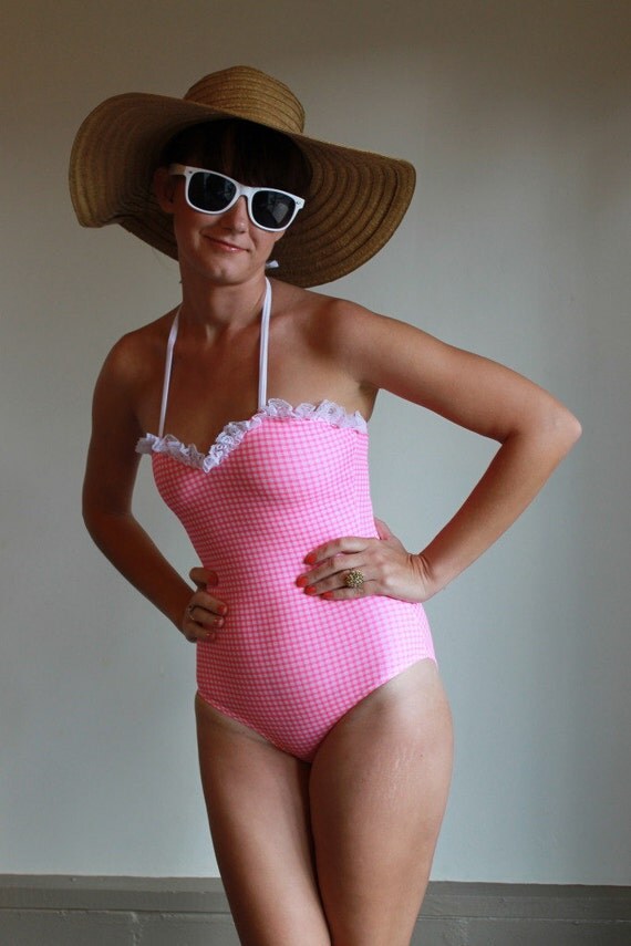 Vintage 80s Swimsuit / One Piece Bathing Suit / Gingham Plaid