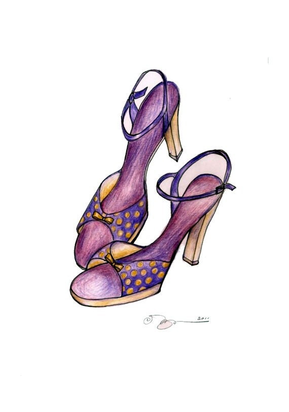 Lavender Polka Dot Dancing Shoes Print of Drawing in Colored